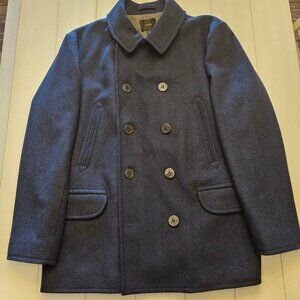 J. Crew Men's Navy Herringbone Double Breasted Wool Blend Pea Coat XLarge